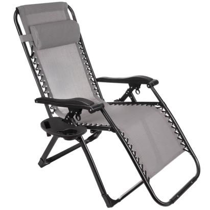 Scaun tip Sezlong Pliabil Gravitatie Zero Gladiator pentru Terasa, Gradina sau Plaja cu Tetiera si Suport Bauturi, Reglabil, Gri