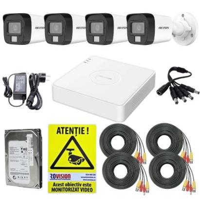 Sistem supraveghere complet Hikvision, 4 camere 5MP 3K Dual Light Audio, DVR 4 canale 3K 5MP, Accesorii, HDD 500GB, Autocolant Rovision SafetyGuard Surveillance