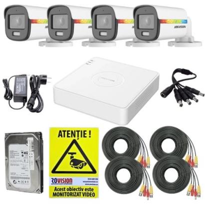 Sistem supraveghere Hikvision, 4 camere ColorVu 2MP Lumina Alba 20m Audio, DVR 4 canale 2MP Audio, Accesorii, HDD 500GB, Autocolant Rovision SafetyGuard Surveillance