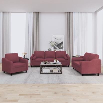 Set canapea cu perne, 3 piese, roșu vin, material textil GartenMobel Dekor