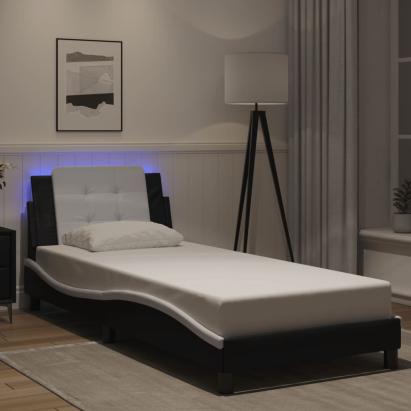 Cadru de pat cu lumini LED negru/alb 90x190 cm piele ecologică GartenMobel Dekor