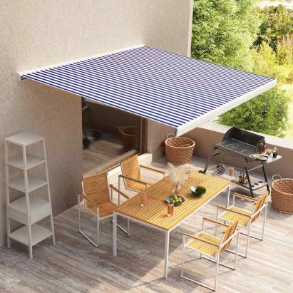 Copertină motorizată tip casetă, albastru și alb, 350 x 250 cm GartenMobel Dekor