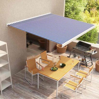 Copertină manuală tip casetă, albastru și alb, 350 x 250 cm GartenMobel Dekor