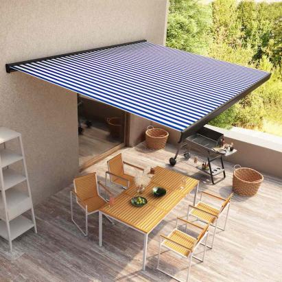 Copertină motorizată tip casetă, albastru și alb, 400 x 300 cm GartenMobel Dekor