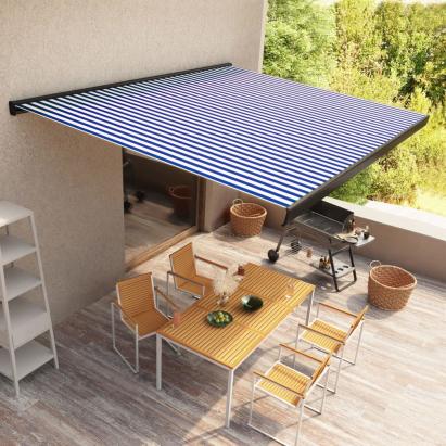Copertină motorizată tip casetă, albastru și alb, 450 x 300 cm GartenMobel Dekor