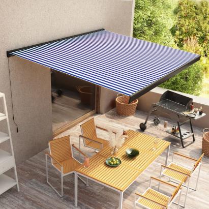 Copertină manuală tip casetă, albastru și alb, 350 x 250 cm GartenMobel Dekor