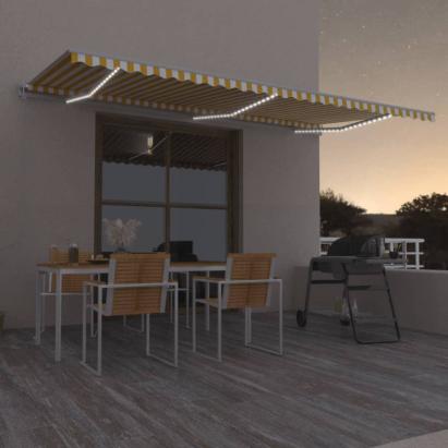 Copertină automată cu senzor vânt & LED, galben&alb, 600x300 cm GartenMobel Dekor