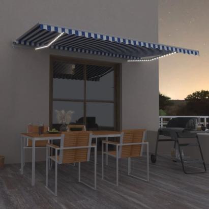 Copertină retractabilă manual cu LED, albastru&alb, 500x350 cm GartenMobel Dekor