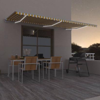Copertină automată cu senzor vânt & LED, galben&alb, 600x350 cm GartenMobel Dekor