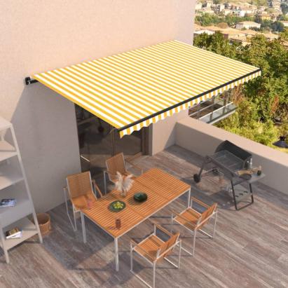Copertină retractabilă manual, galben și alb, 500x350 cm GartenMobel Dekor