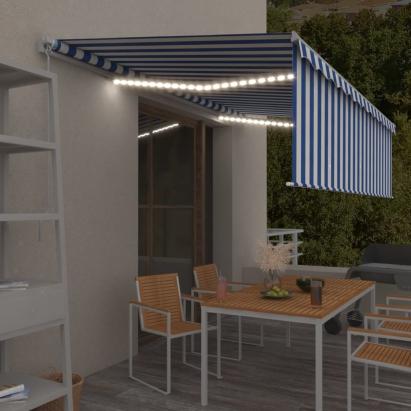 Copertină retractabilă manual cu stor&LED, albastru&alb, 5x3 m GartenMobel Dekor