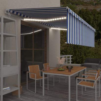 Copertină retractabilă stor&LED&senzor vânt, albastru/alb, 5x3m  GartenMobel Dekor