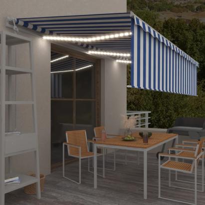 Copertină automată cu stor&LED&senzor vânt, albastru/alb, 6x3 m  GartenMobel Dekor