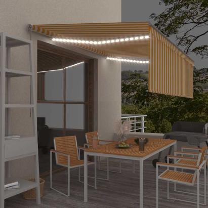 Copertină retractabilă manual cu stor&LED, galben&alb, 4x3 m GartenMobel Dekor
