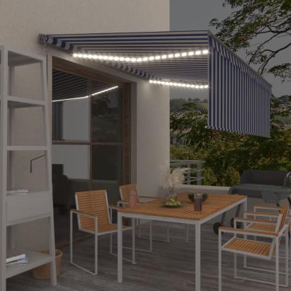 Copertină automată stor&LED&senzor vânt, albastru&alb 4,5x3 cm GartenMobel Dekor