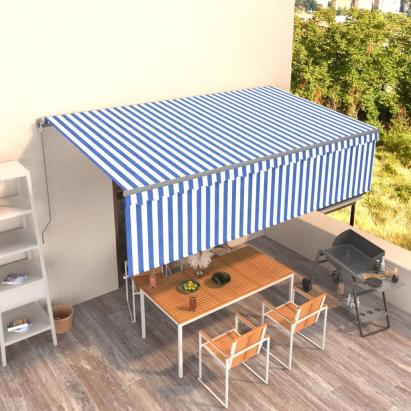 Copertină retractabilă manual cu stor, albastru&alb, 5x3 m GartenMobel Dekor