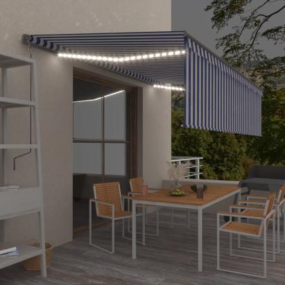 Copertină automată cu stor&LED&senzor de vânt albastru/alb 5x3m GartenMobel Dekor