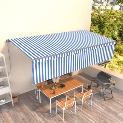 Copertină retractabilă manual cu stor, albastru&alb, 6x3 m GartenMobel Dekor