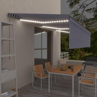 Copertină retractabilă manual cu stor&LED, albastru&alb, 6x3 m GartenMobel Dekor