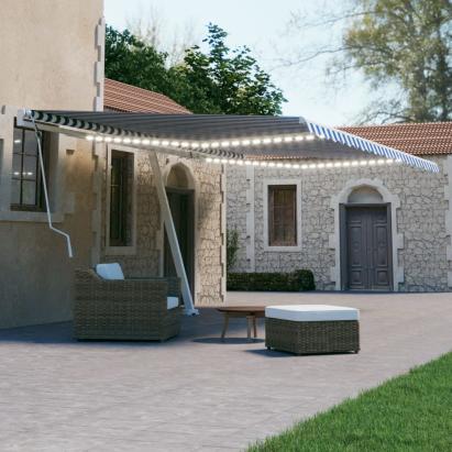 Copertină retractabilă manual cu LED, albastru & alb 500x300 cm GartenMobel Dekor