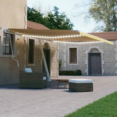 Copertină retractabilă manual cu LED, galben și alb, 500x300 cm GartenMobel Dekor