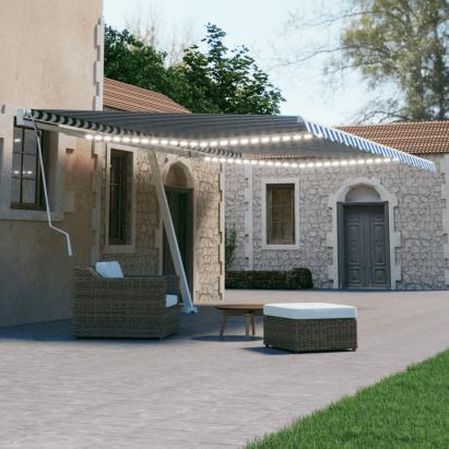 Copertină retractabilă manual cu LED albastru și alb 600x300 cm GartenMobel Dekor