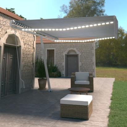 Copertină retractabilă manual cu LED, albastru&alb, 500x350 cm GartenMobel Dekor