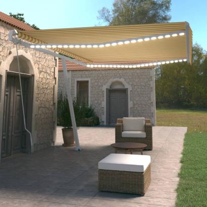 Copertină retractabilă manual cu LED, galben și alb, 500x350 cm GartenMobel Dekor