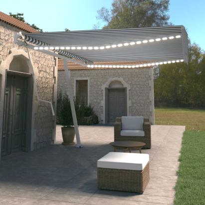 Copertină automată cu LED&senzor vânt, albastru&alb, 500x350 cm   GartenMobel Dekor