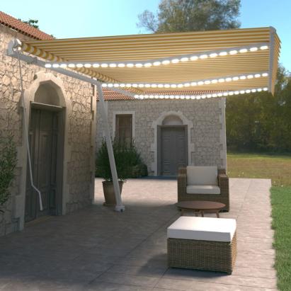 Copertină retractabilă manual cu LED, galben și alb, 600x350 cm GartenMobel Dekor