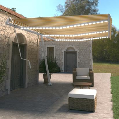 Copertină automată cu senzor vânt & LED, galben/alb, 600x350 cm GartenMobel Dekor