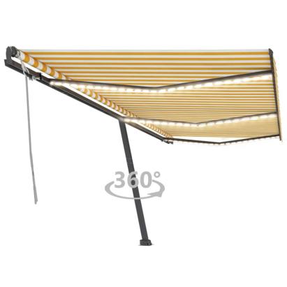Copertină retractabilă manual cu LED, galben și alb, 600x300 cm GartenMobel Dekor