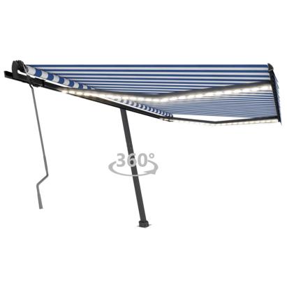 Copertină retractabilă manual cu LED, albastru&alb, 450x350 cm GartenMobel Dekor