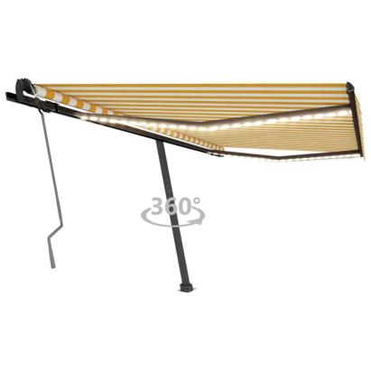 Copertină retractabilă manual cu LED, galben și alb, 450x350 cm GartenMobel Dekor