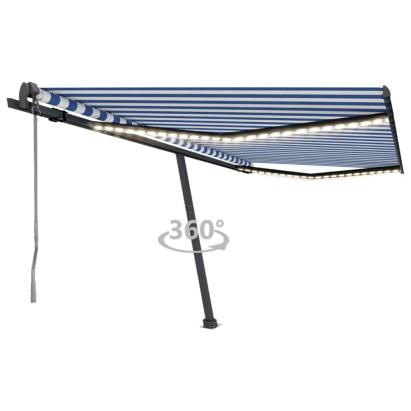 Copertină automată cu LED&senzor vânt, albastru&alb, 450x350 cm GartenMobel Dekor
