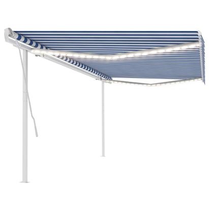 Copertină retractabilă manual, cu LED, albastru și alb, 5x3 m GartenMobel Dekor