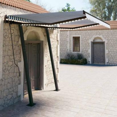 Copertină retractabilă manual cu LED, albastru&alb, 3x2,5 m GartenMobel Dekor