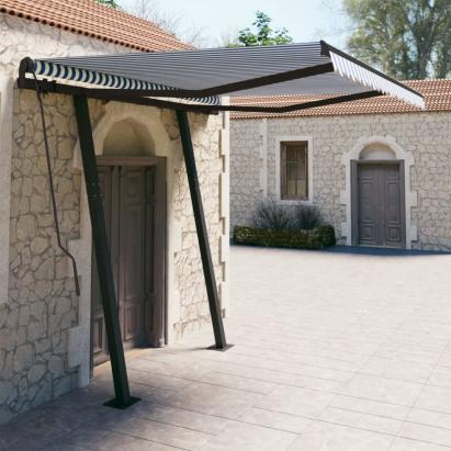 Copertină retractabilă automat cu stâlpi, albastru&alb, 3x2,5 m GartenMobel Dekor