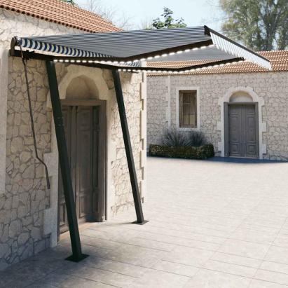 Copertină retractabilă manual cu LED, albastru & alb 3,5x2,5 m GartenMobel Dekor