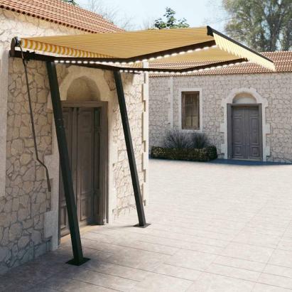 Copertină retractabilă manual cu LED, galben/alb, 3,5x2,5 m GartenMobel Dekor