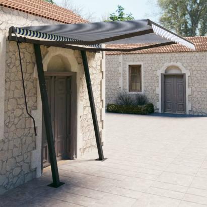 Copertină retractabilă automat cu stâlpi albastru&alb 3,5x2,5 m GartenMobel Dekor