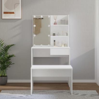 Set măsuță de toaletă cu LED, alb, lemn prelucrat GartenMobel Dekor