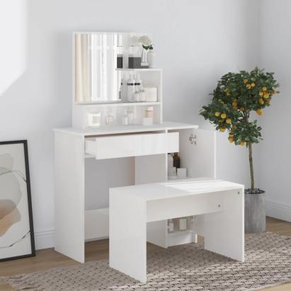 Set măsuță de toaletă, alb extralucios, 86,5x35x136 cm GartenMobel Dekor