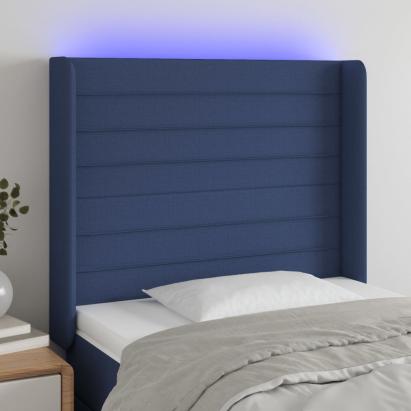 Tăblie de pat cu LED, albastru, 103x16x118/128 cm, textil GartenMobel Dekor