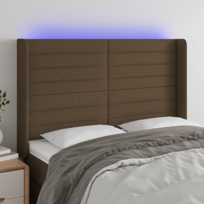 Tăblie de pat cu LED, maro închis, 147x16x118/128 cm, textil GartenMobel Dekor