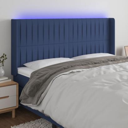 Tăblie de pat cu LED, albastru, 203x16x118/128 cm, textil GartenMobel Dekor