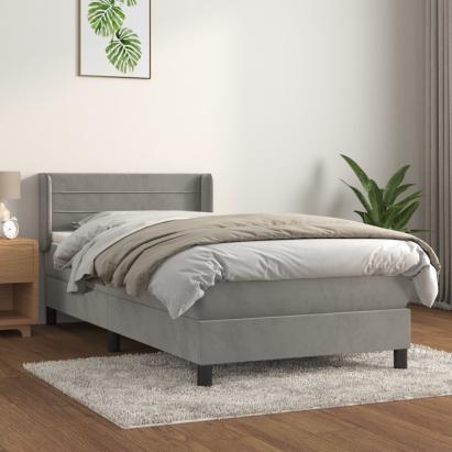 Pat box spring cu saltea, gri deschis, 90x200 cm, catifea GartenMobel Dekor