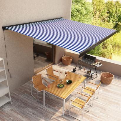 Copertină manuală tip casetă, albastru și alb, 450 x 300 cm GartenMobel Dekor