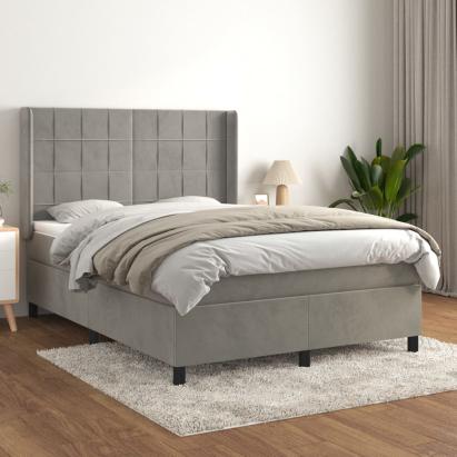 Pat box spring cu saltea, gri deschis, 140x190 cm, catifea GartenMobel Dekor