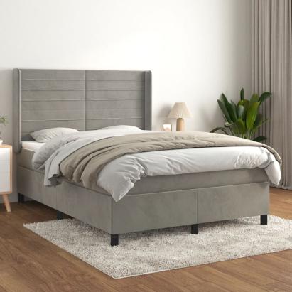 Pat box spring cu saltea, gri deschis, 140x190 cm, catifea GartenMobel Dekor